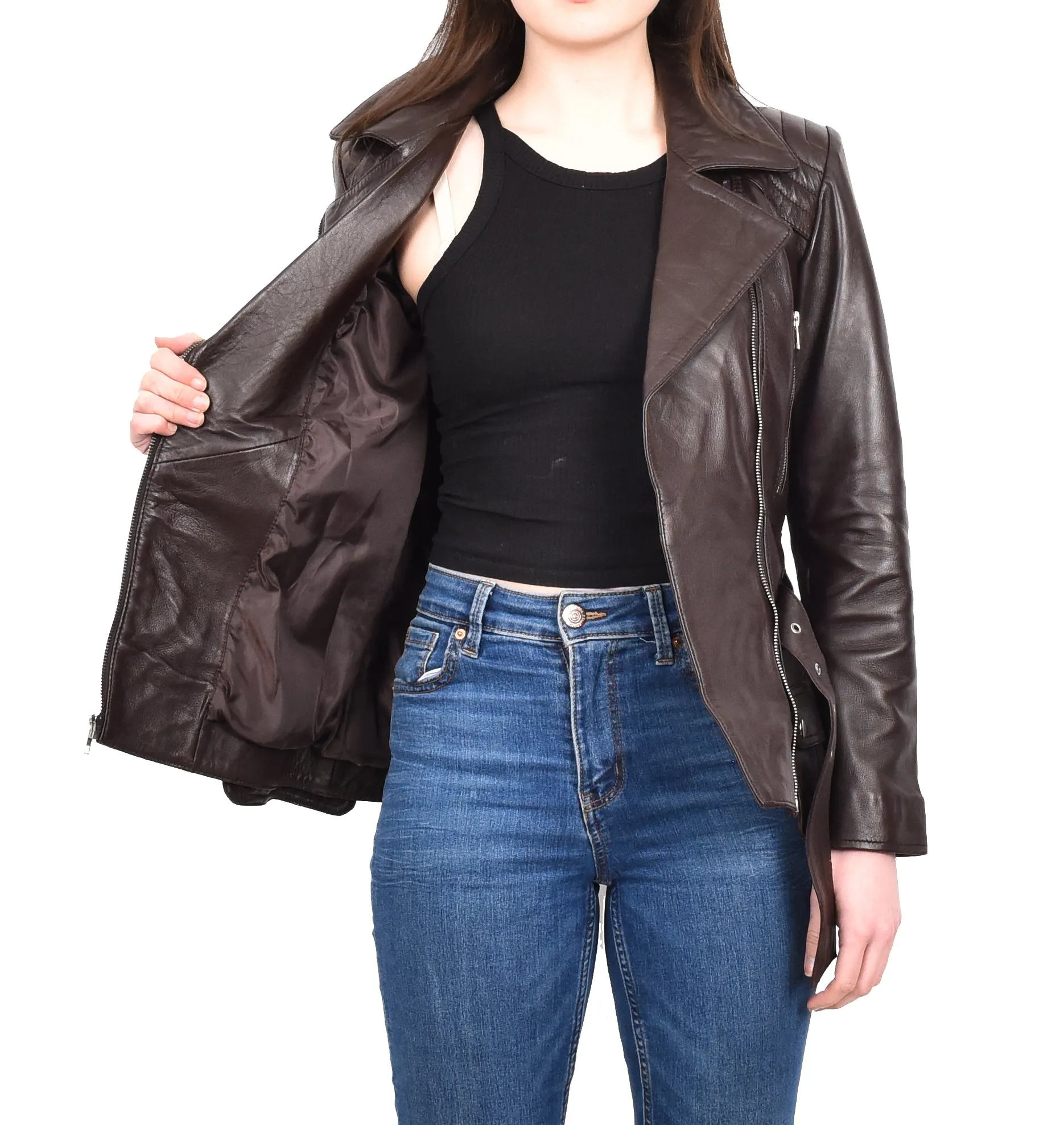 Women’s Slim Fit Cut Hip Length Biker Leather Jacket Brown Conkara