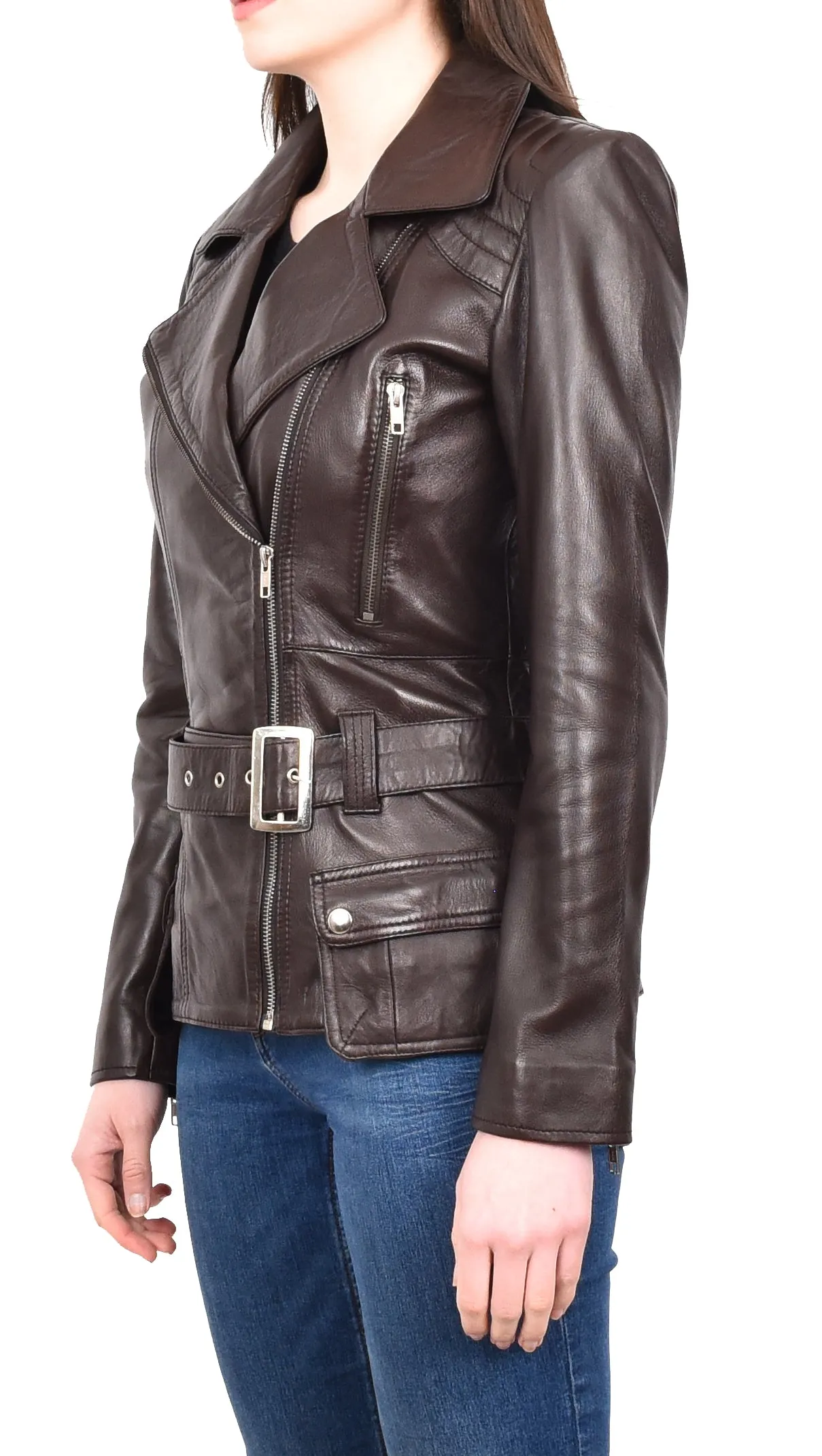 Women’s Slim Fit Cut Hip Length Biker Leather Jacket Brown Conkara
