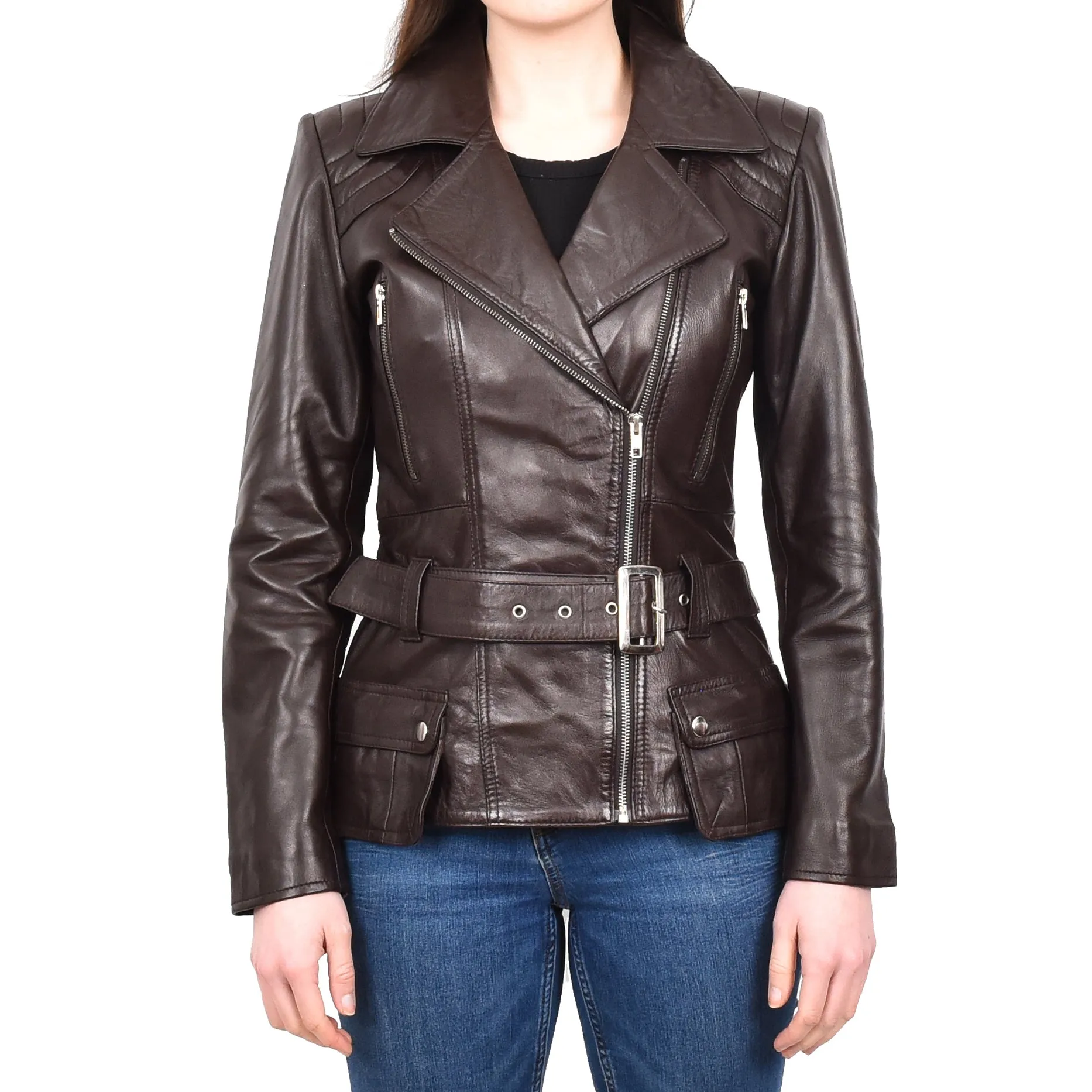 Women’s Slim Fit Cut Hip Length Biker Leather Jacket Brown Conkara