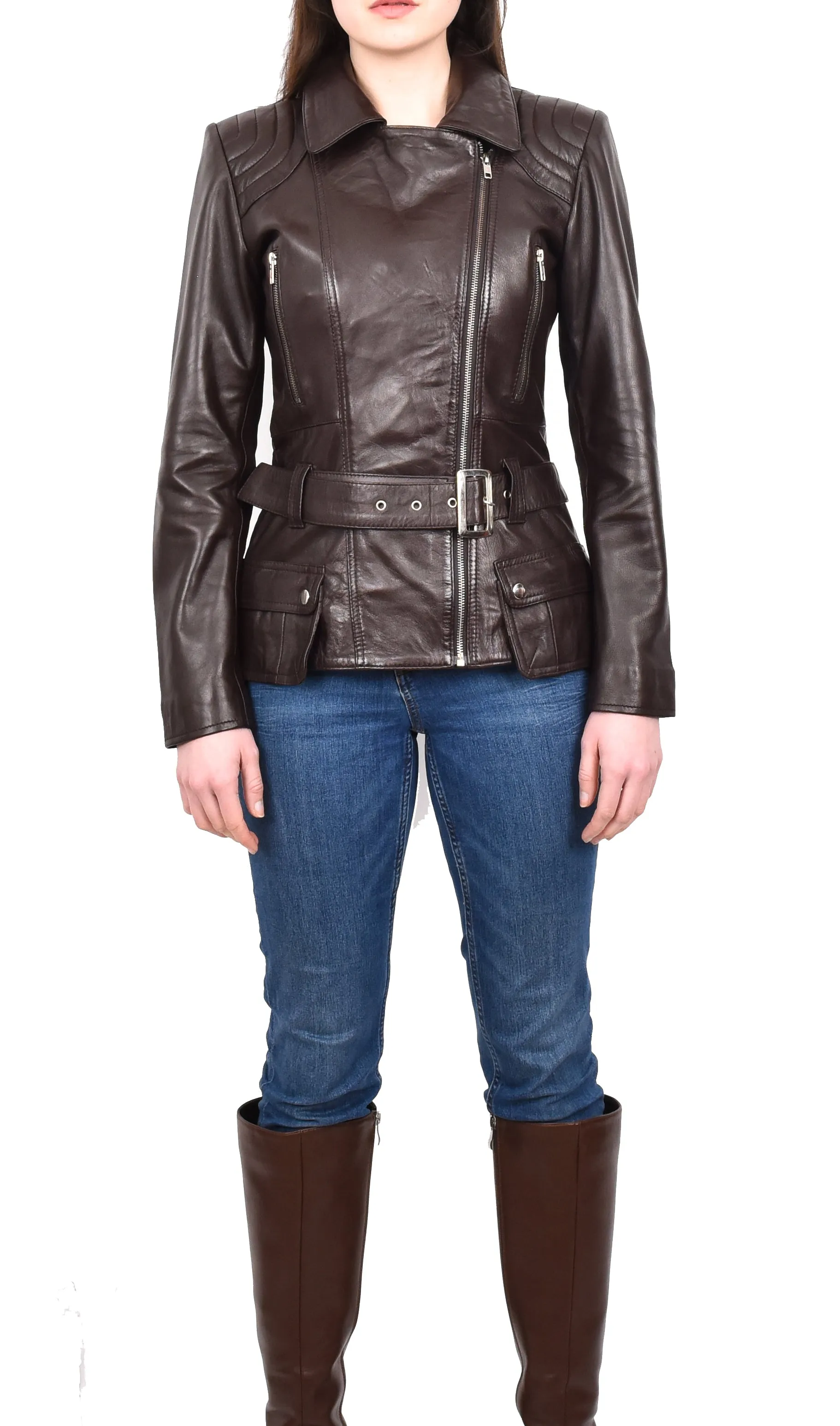 Women’s Slim Fit Cut Hip Length Biker Leather Jacket Brown Conkara
