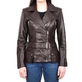 Women’s Slim Fit Cut Hip Length Biker Leather Jacket Brown Conkara