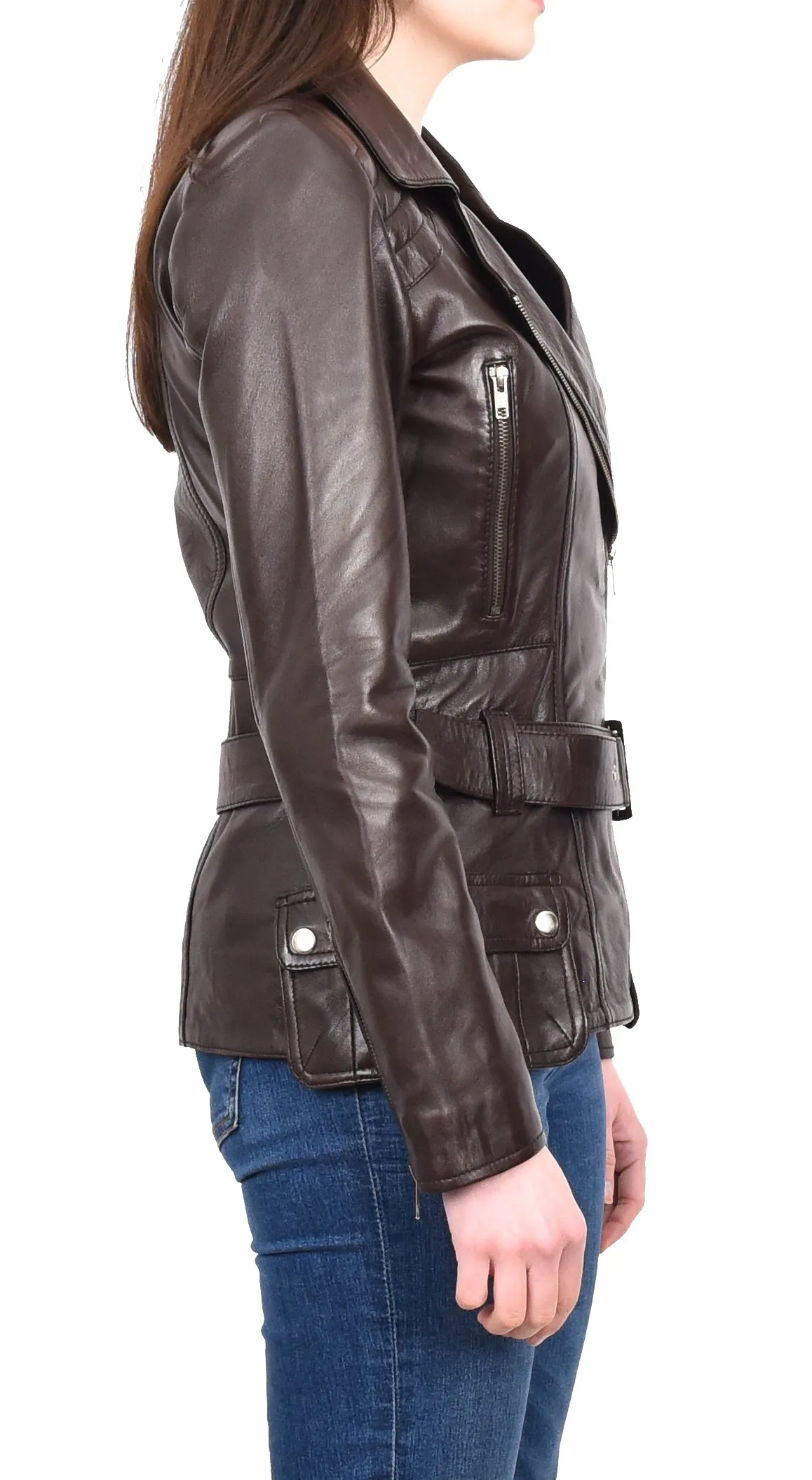 Women’s Slim Fit Cut Hip Length Biker Leather Jacket Brown Conkara