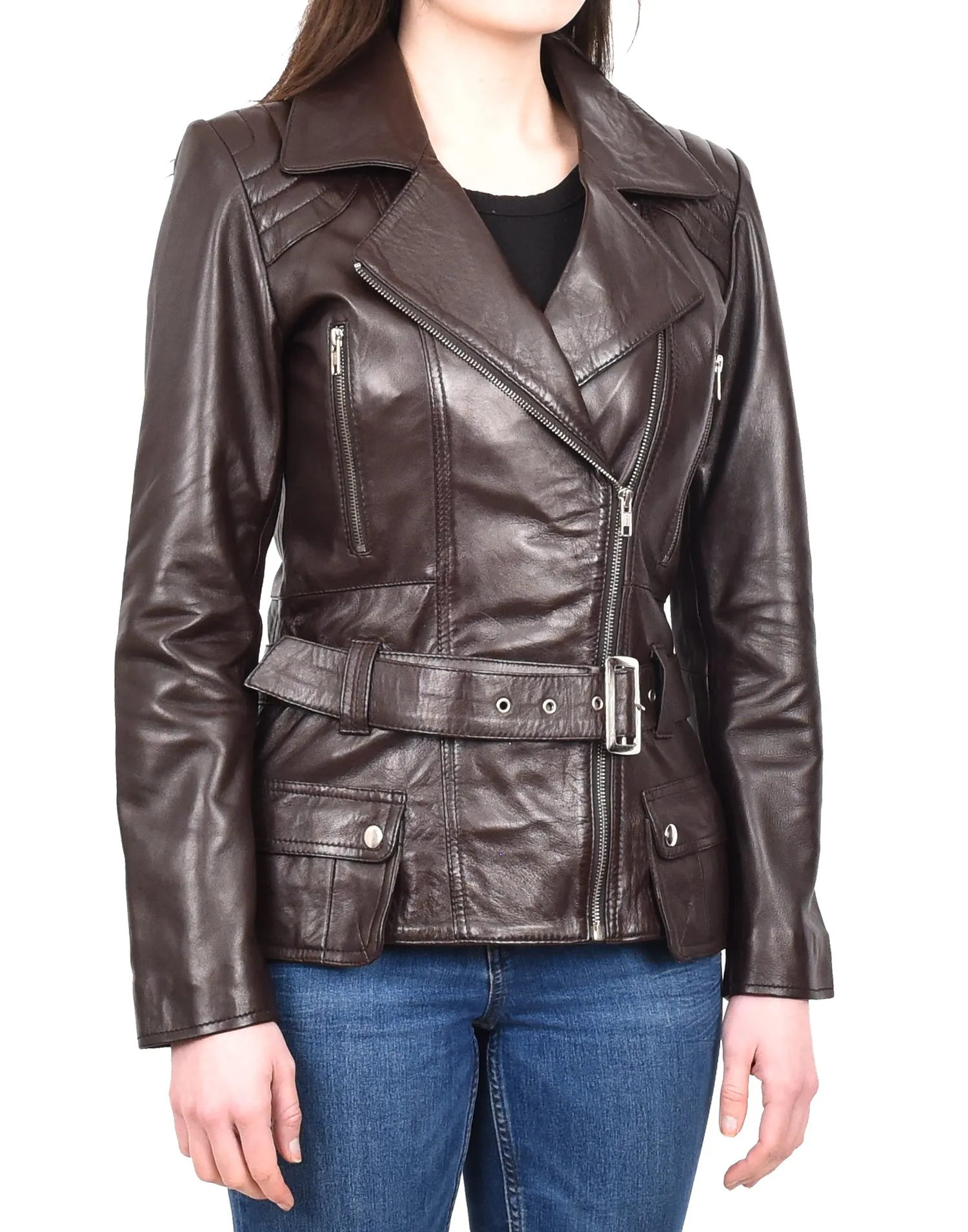 Women’s Slim Fit Cut Hip Length Biker Leather Jacket Brown Conkara
