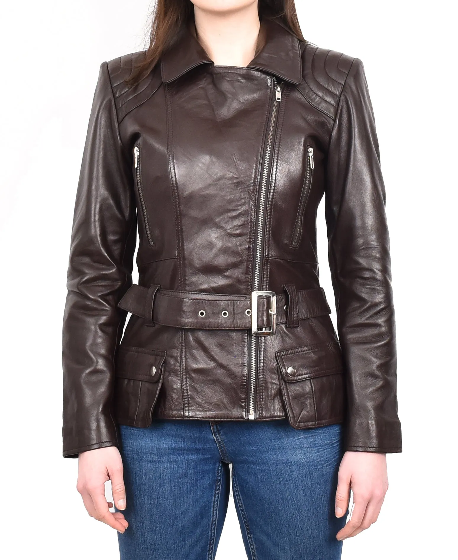 Women’s Slim Fit Cut Hip Length Biker Leather Jacket Brown Conkara