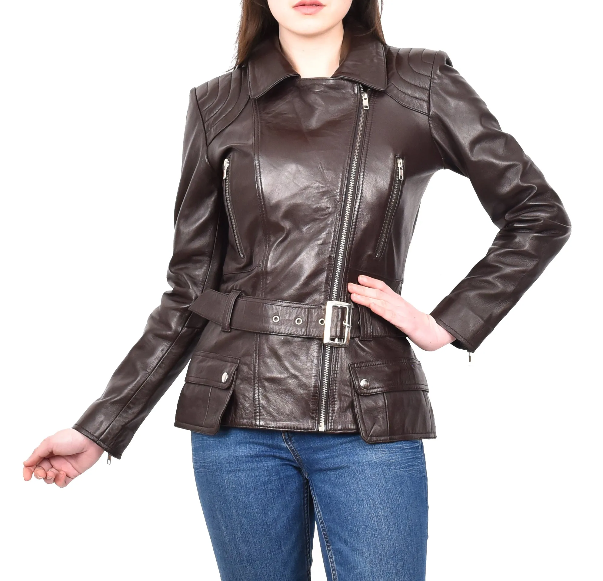 Women’s Slim Fit Cut Hip Length Biker Leather Jacket Brown Conkara